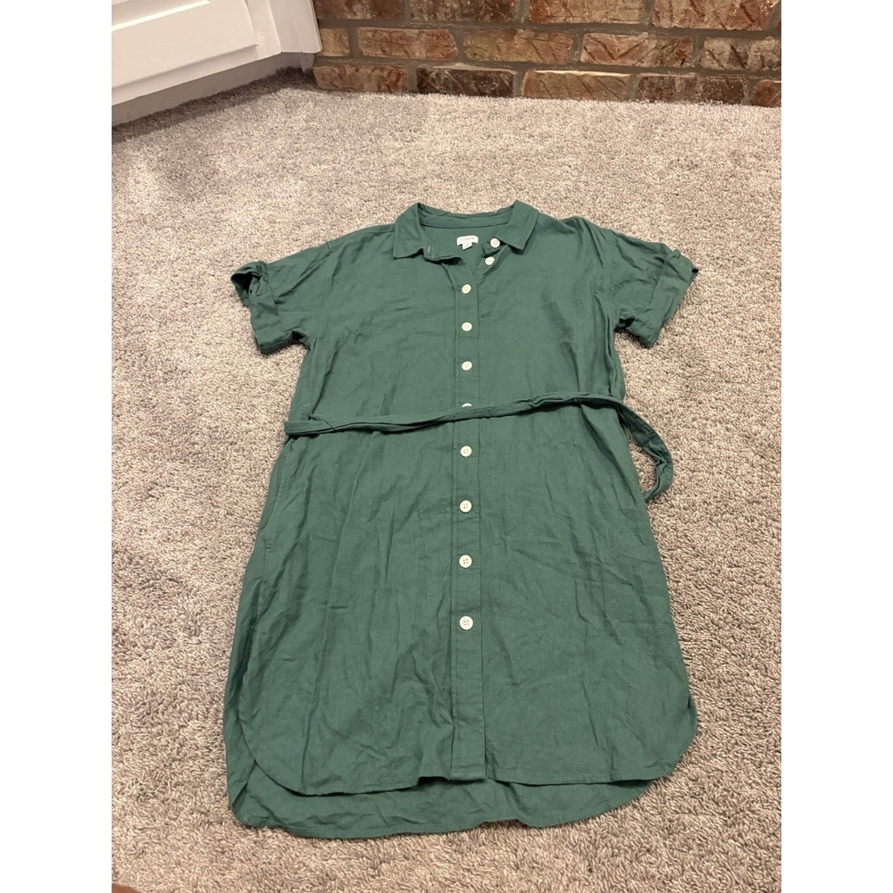 J. Crew Green Linen Viscose Button Front Belted Shirt Dress Size Med Style CK285